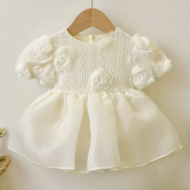 Baby Bodykjole med 3D Blomster, Pufærmer og Sløjfe Bagpå