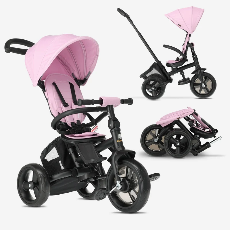 Explorer Luxe trehjuling med handtag – hopfällbar med korg, rosa
