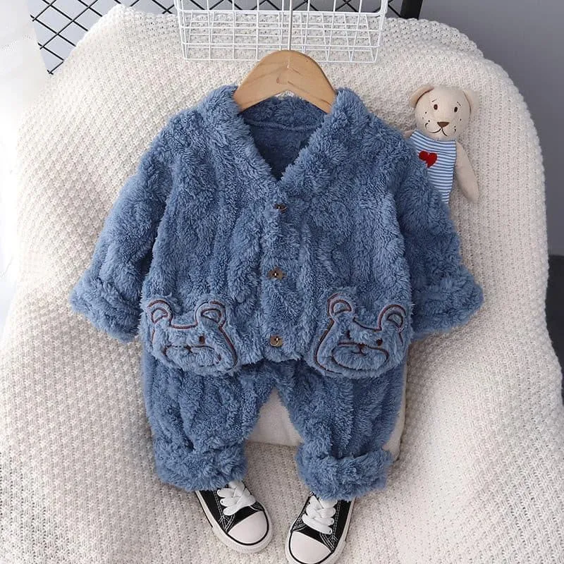 Fleece vinter nattøj/pyjama sæt blå til børn