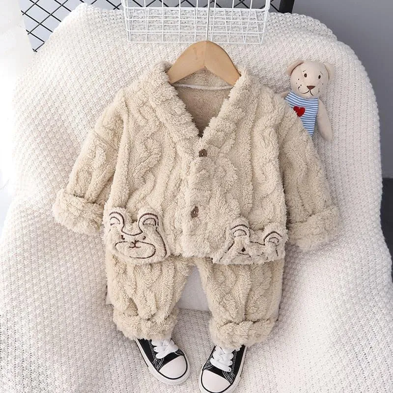 Fleece vinter nattøj/pyjamas sæt beige til børn