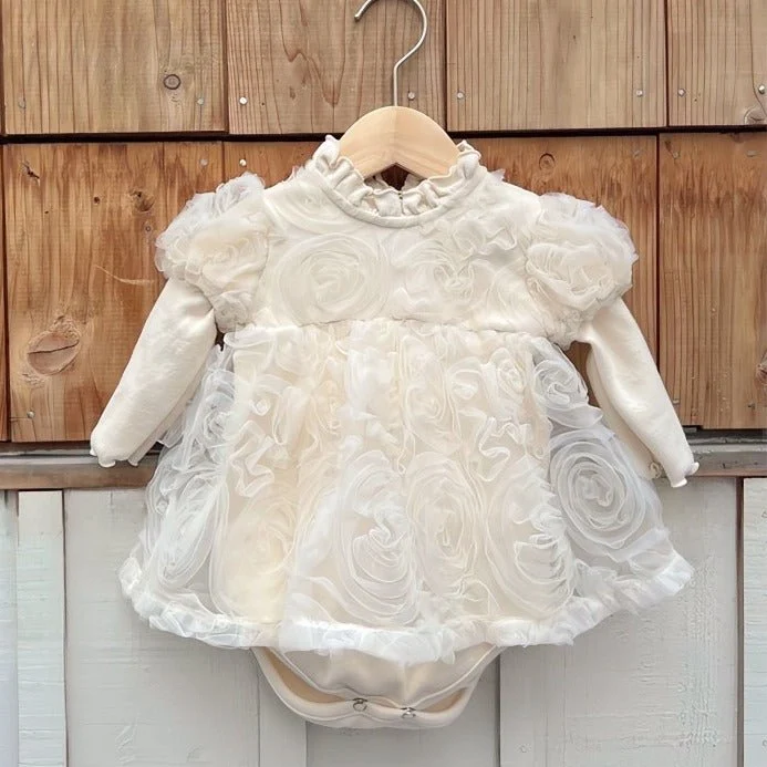 Elegant ivory blomsterkjole/body til baby med lange ærmer (0-18 mdr.)