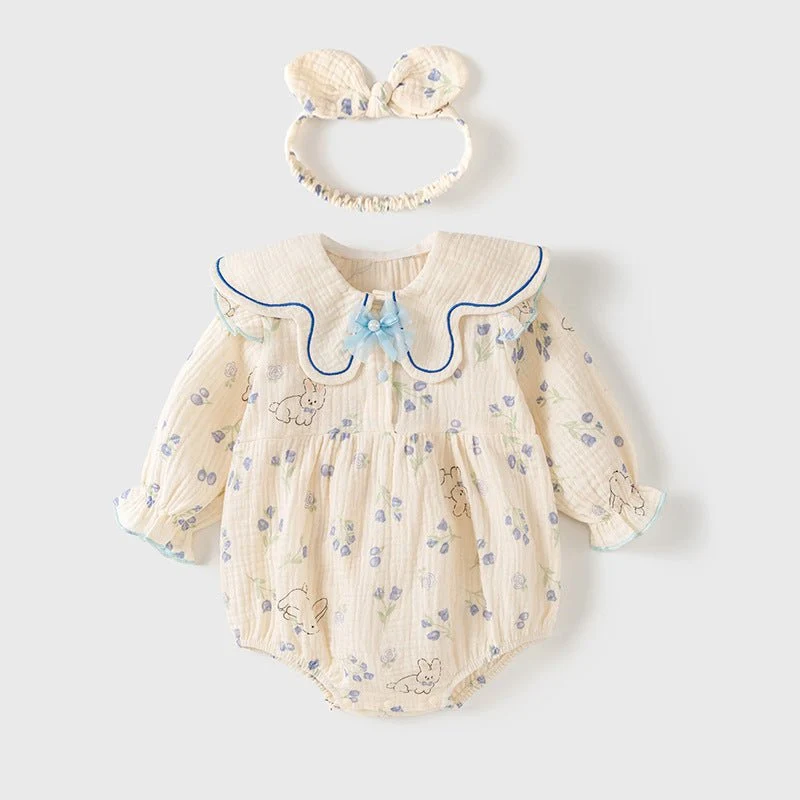 Søde baby body med blomstermønster og hårbånd (0-18 mdr.)