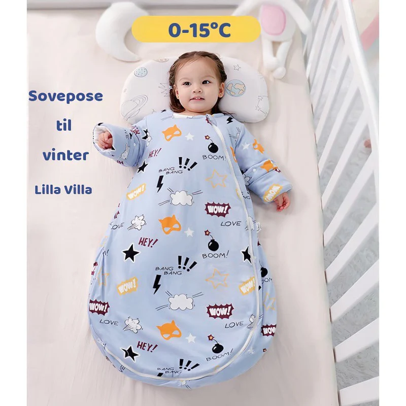 Varm vinter sovepose til 0-15°C til baby/børn(Str.:9mdr.-6år) med aftagelige ærmer-superpower