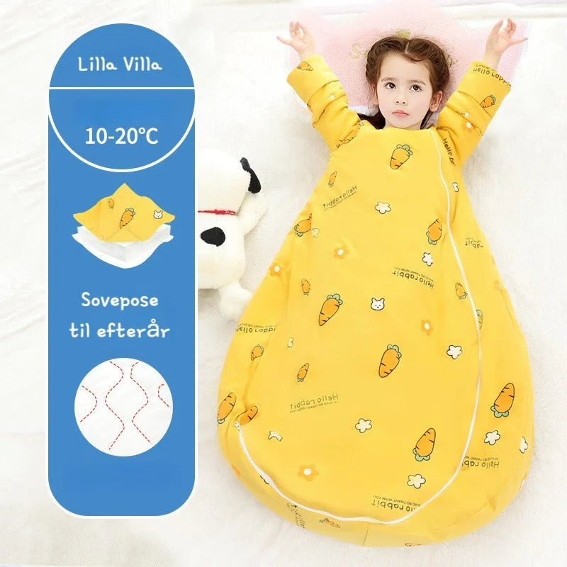Varm sovepose til 10-20°C til baby/børn(Str.:9mdr.-6år) med aftagelige ærmer-gulerod