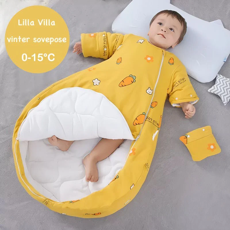Varm vinter sovepose til 0-15°C til baby/børn(Str.:9mdr.-6år) med aftagelige ærmer-gulerod