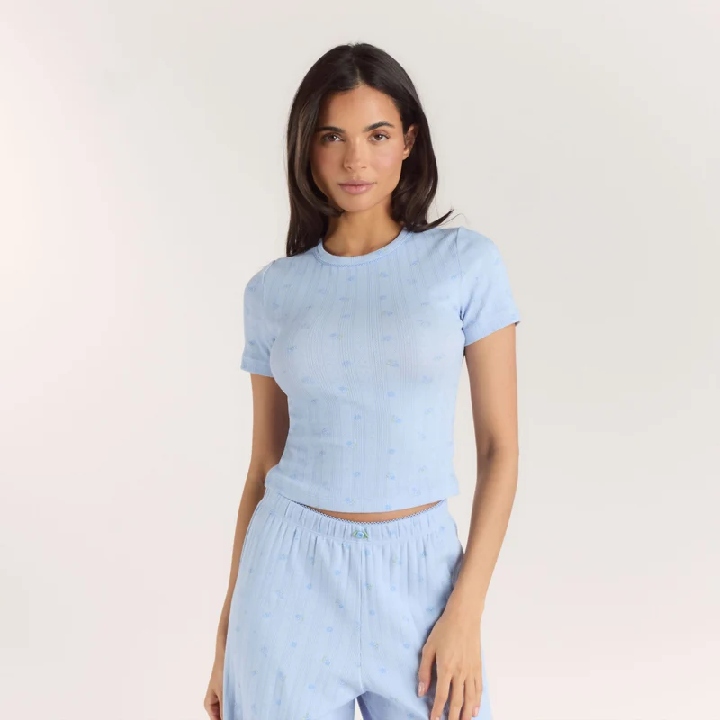 Pointelle Fitted Pyjamatopp - Blommig Blå