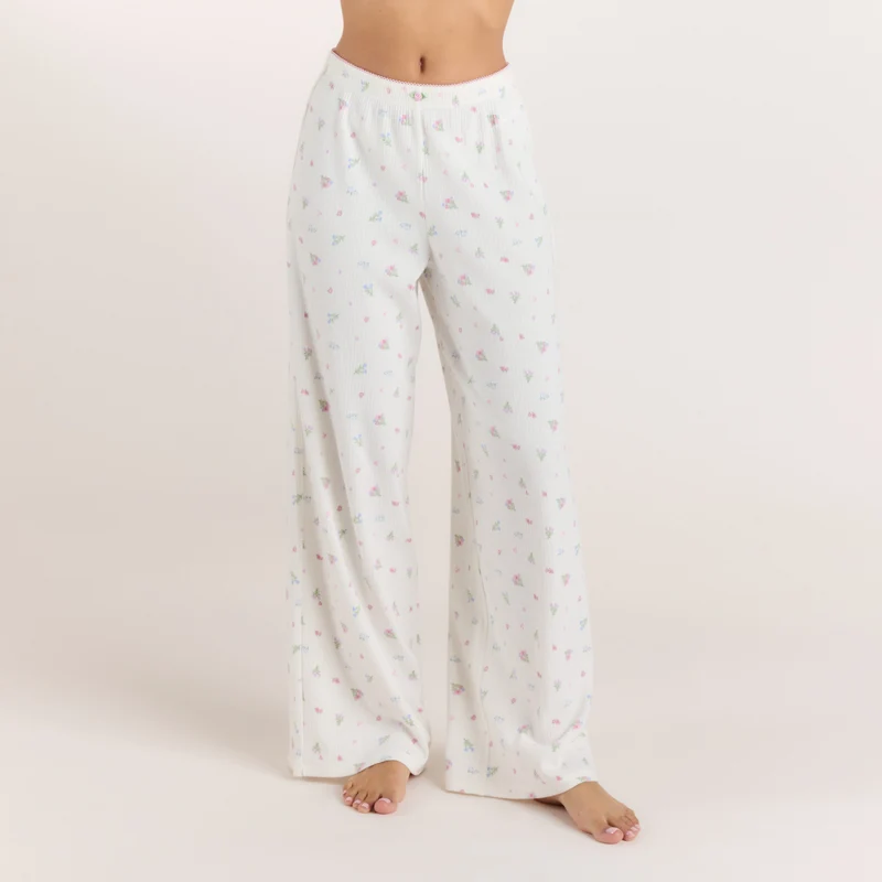 Ribbade Pyjamabyxor - Blommig Vit