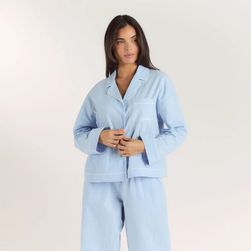 Pyjamaskjorta i texturerad bomull - Blå