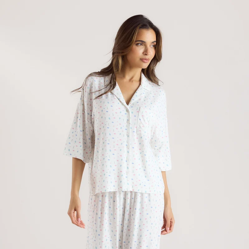 Modal Kortärmad Pyjamaskjorta - Blommig Vit