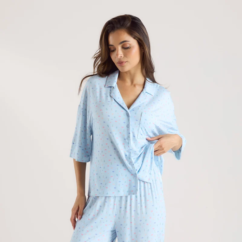 Modal Kortärmad Pyjamaskjorta - Blommig Blå