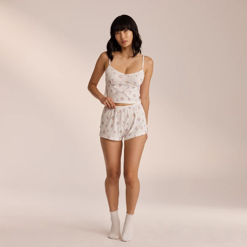 Pointelle Pyjamashorts - Blommig Vit