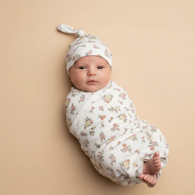 Organic Swaddle Blanket & Hat Set - Meadow