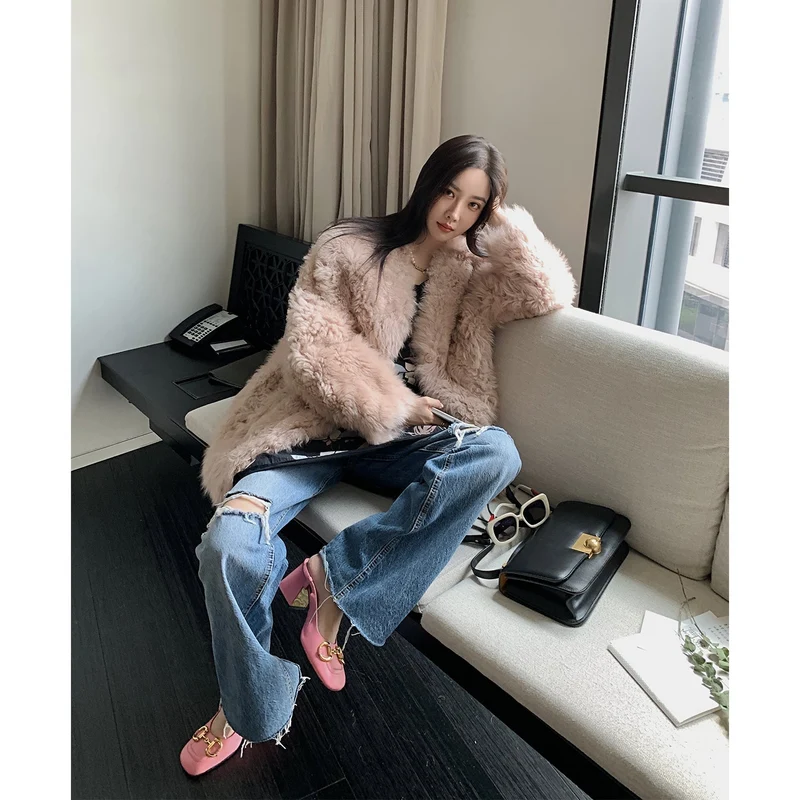 Peach Sheepskin Coat for Winter