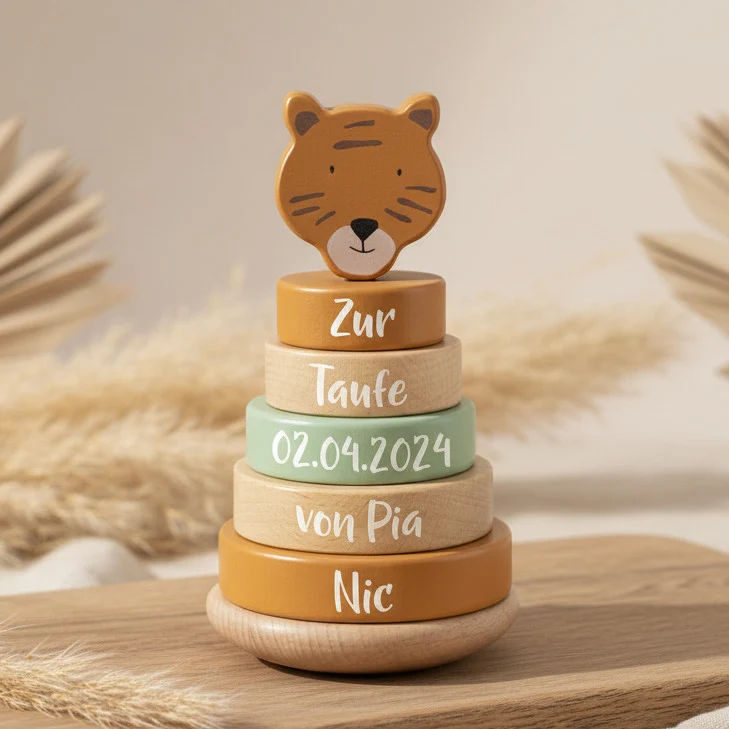 Stapelturm Holz Herr Tiger – Geschenk zur Taufe | Schmatzepuffer