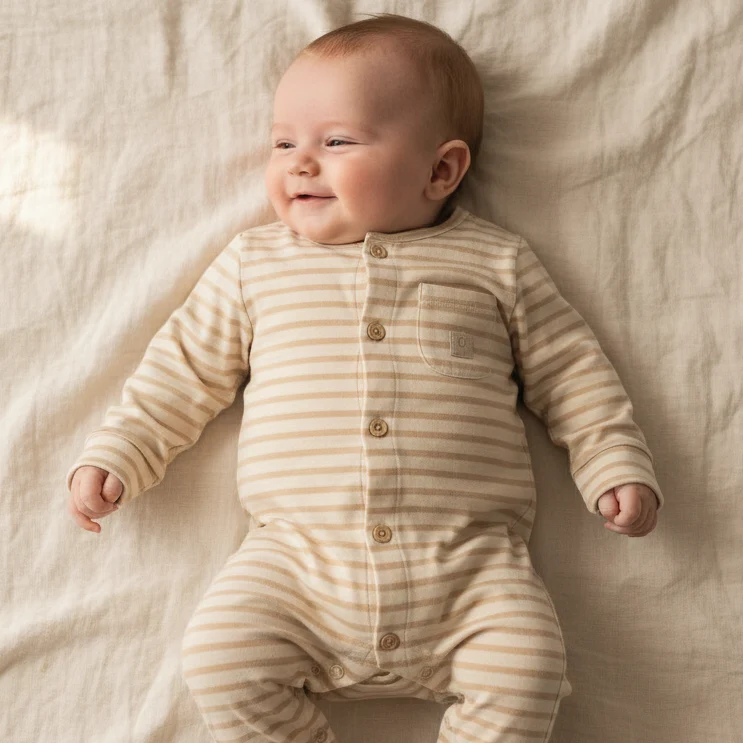 Einteiliger Baby-Pyjama Natural Stripes | Little Dutch