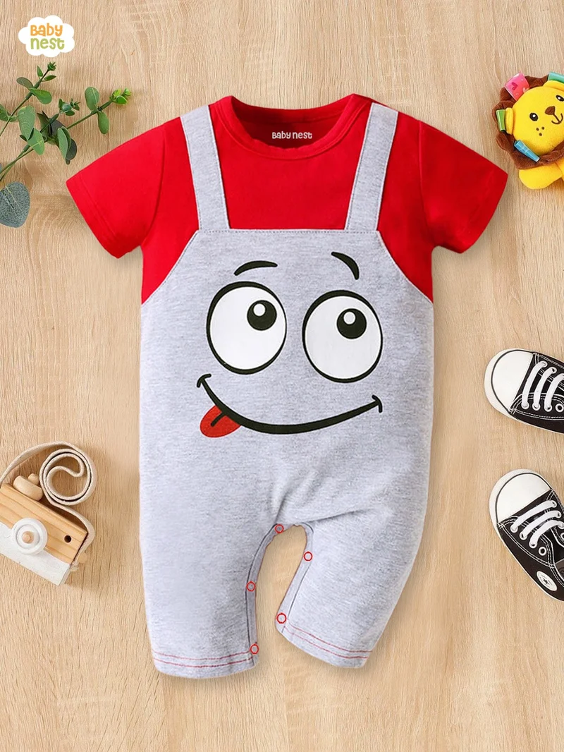 Dungaree Style Graphic Print Half Romper Red