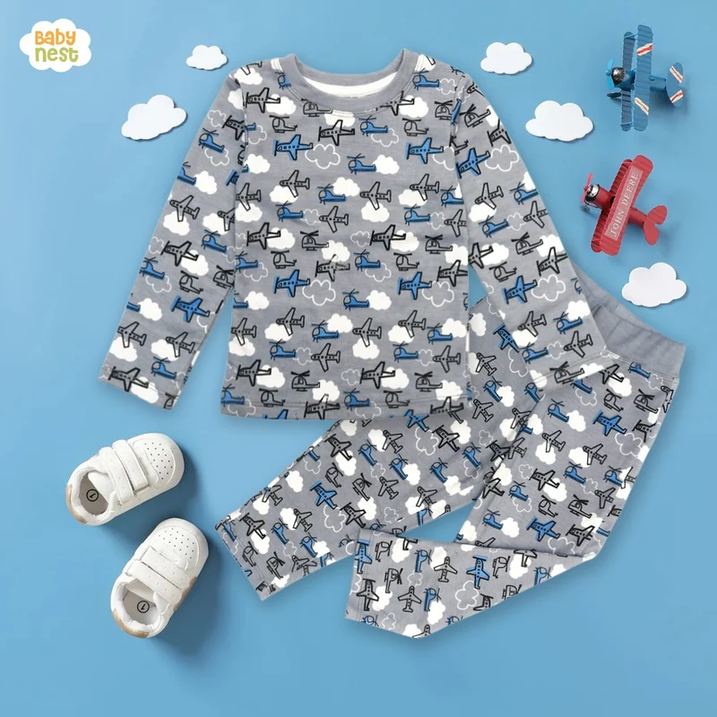 Premium Snug fit Nightsuit - Grey - Helicopter