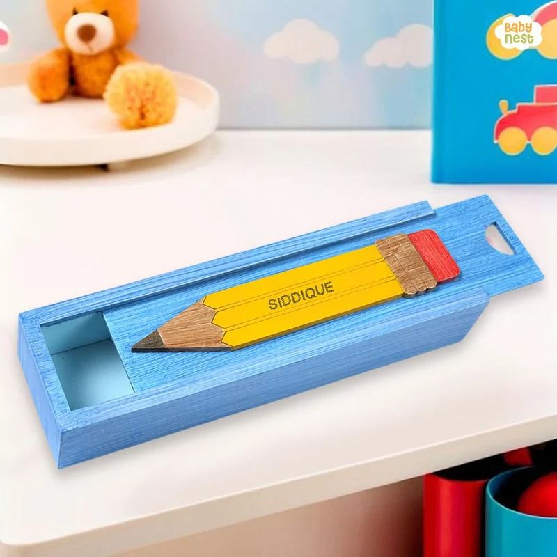 SIDDIQUE - Wooden Pencil Box with Sliding Top - Blue