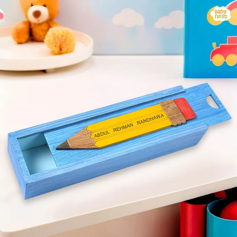 ABDUL REHMAN RANDHAWA - Wooden Pencil Box with Sliding Top - Blue