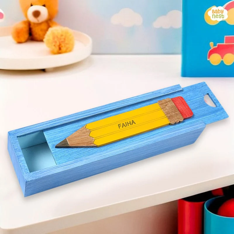 FAIHA - Wooden Pencil Box with Sliding Top - Blue