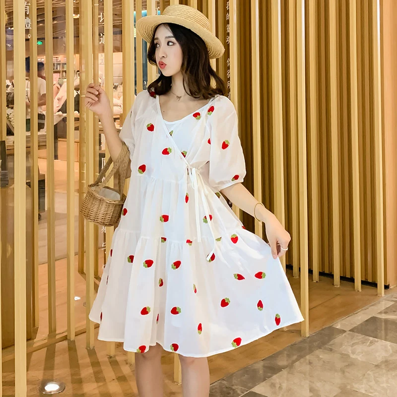 Embroidered Strawberry Puffy Maternity Dress
