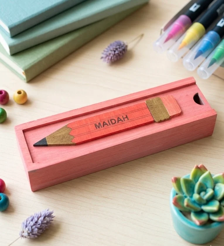 MAIDAH - Wooden Pencil Box with Sliding Top - Pink