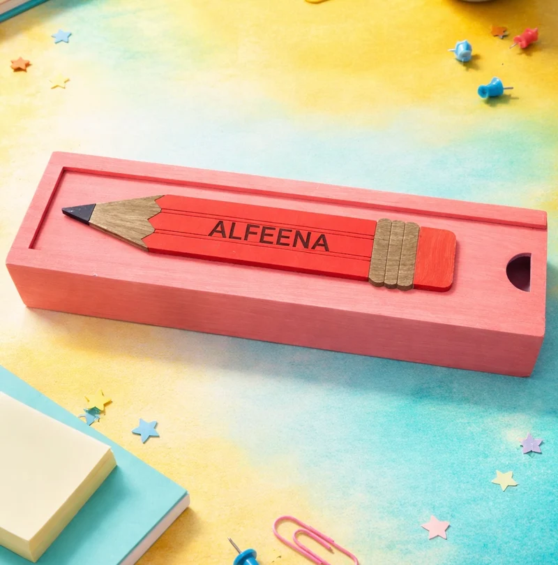 ALFEENA - Wooden Pencil Box with Sliding Top - Pink