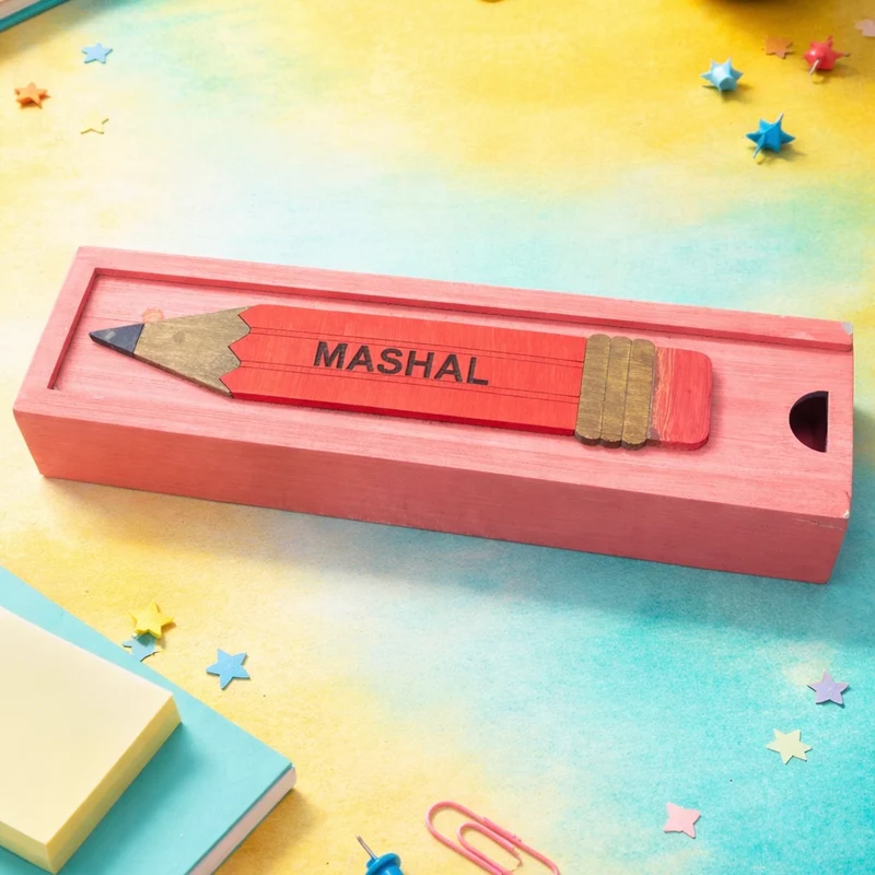 MASHAL - Wooden Pencil Box with Sliding Top - Pink