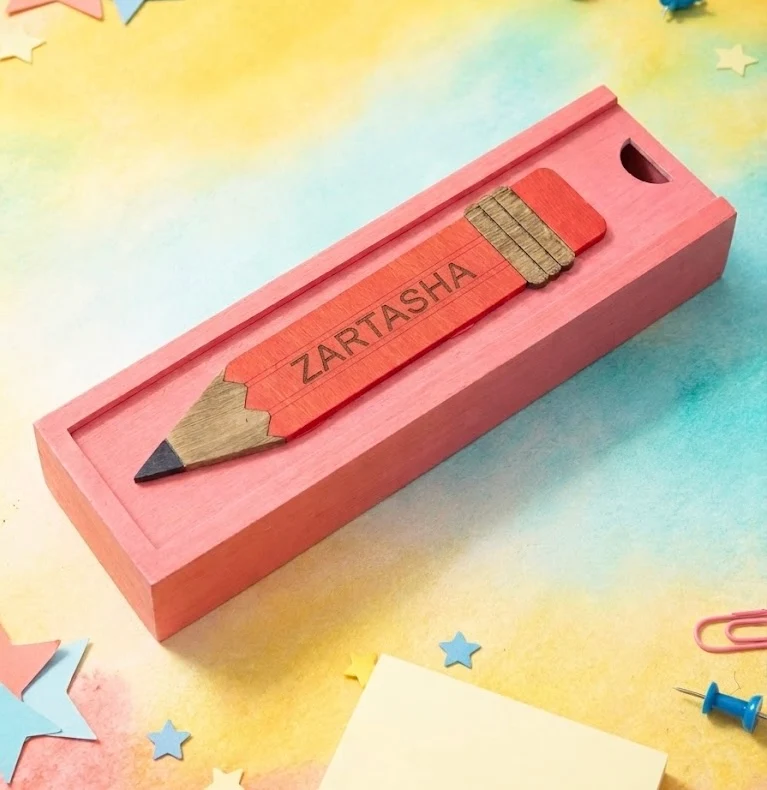 ZARTASHA - Wooden Pencil Box with Sliding Top - Pink