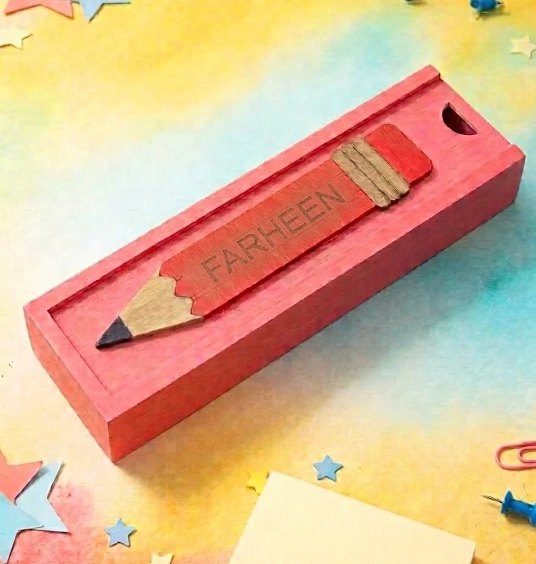 FARHEEN - Wooden Pencil Box with Sliding Top - Pink