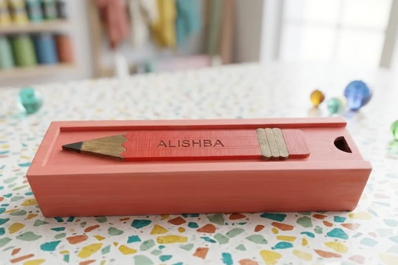 ALISHBA - Wooden Pencil Box with Sliding Top - Pink