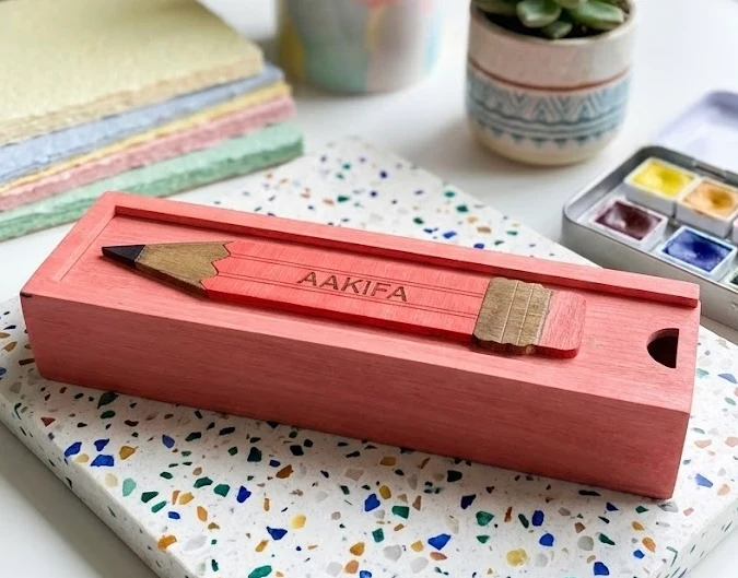 AAKIFA - Wooden Pencil Box with Sliding Top - Pink
