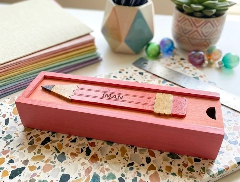 IMAN - Wooden Pencil Box with Sliding Top - Pink