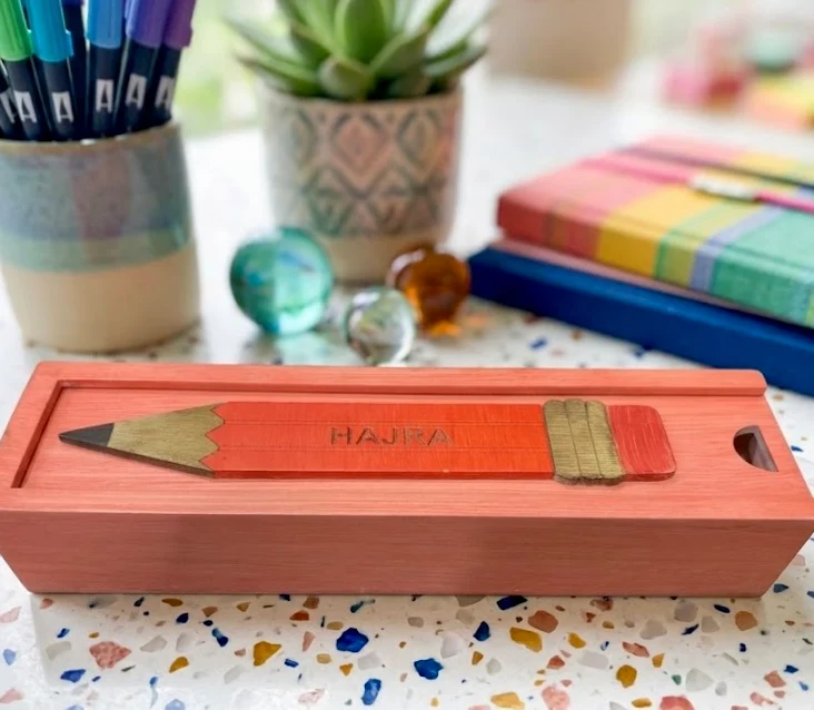 HAJRA - Wooden Pencil Box with Sliding Top - Pink