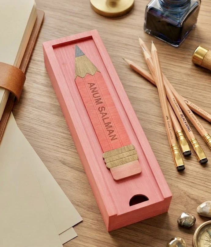 ANUM SALMAN - Wooden Pencil Box with Sliding Top - Pink