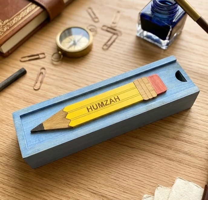 HUMZAH - Wooden Pencil Box with Sliding Top - Blue