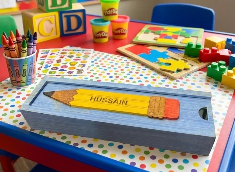 HUSSAIN - Wooden Pencil Box with Sliding Top - Blue