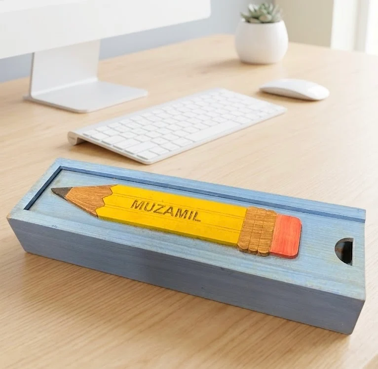 MUZAMIL - Wooden Pencil Box with Sliding Top - Blue
