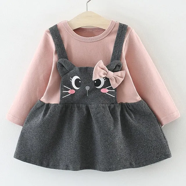 Baby Girl Winter Clothes Cotton Cat Bowknot Baby Dresses