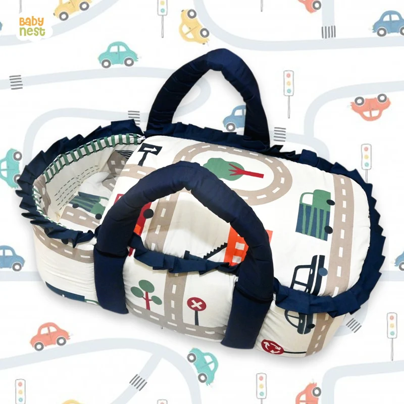 Babynest Boutique Cotton Carry Nest & Sleeping Bag Off White Car Print