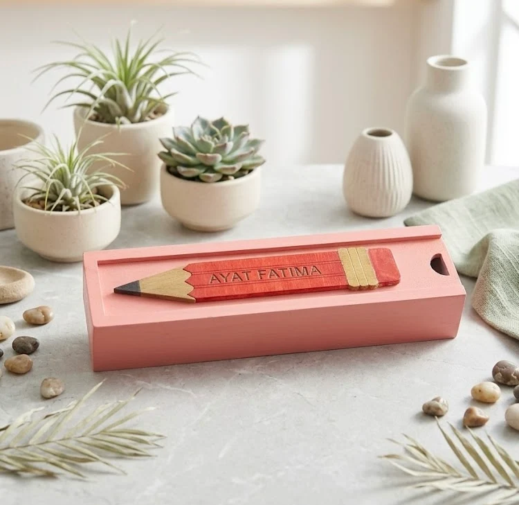 AYAT FATIMA - Wooden Pencil Box with Sliding Top - Pink