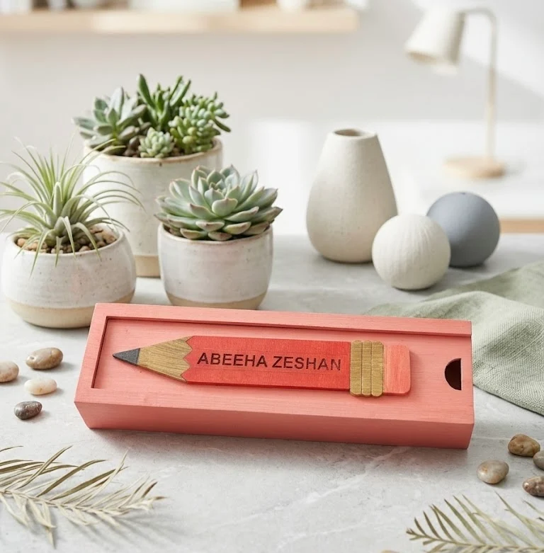 ABEEHA ZESHAN - Wooden Pencil Box with Sliding Top - Pink
