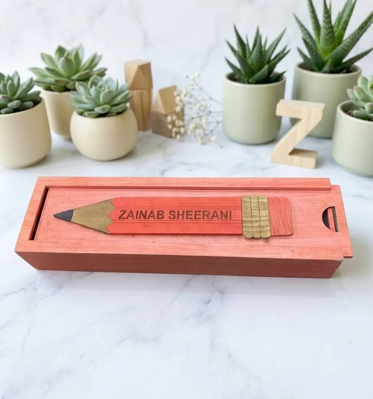 ZAINAB SHEERANI - Wooden Pencil Box with Sliding Top - Pink