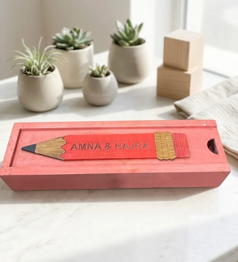 AMNA & HAJRA - Wooden Pencil Box with Sliding Top - Pink