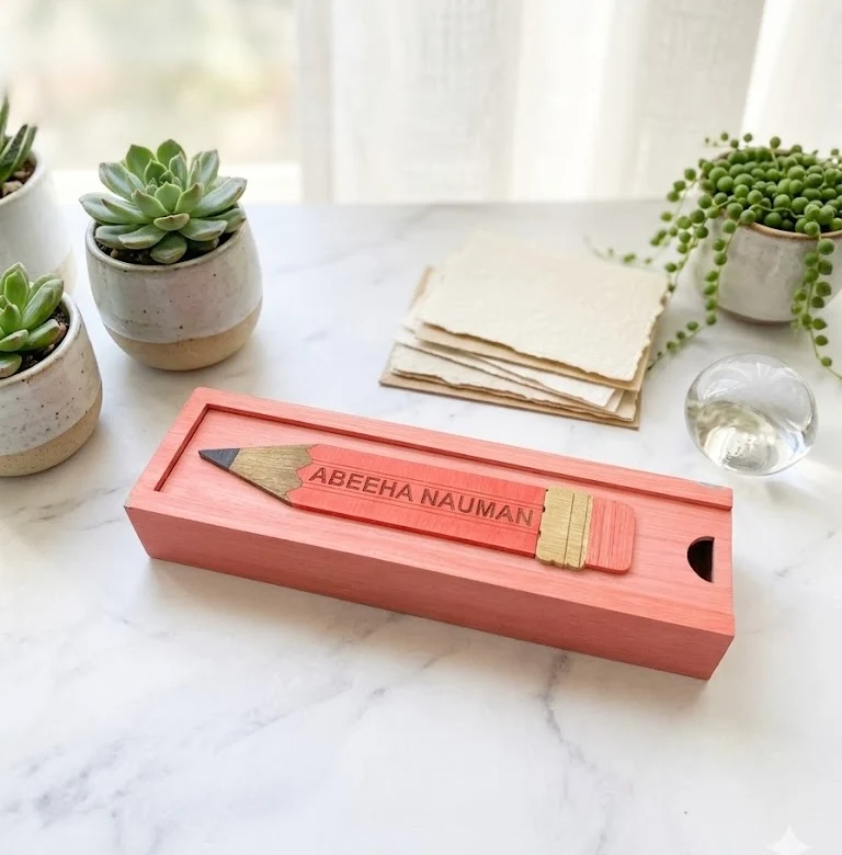 ABEEHA NAUMAN - Wooden Pencil Box with Sliding Top - Pink