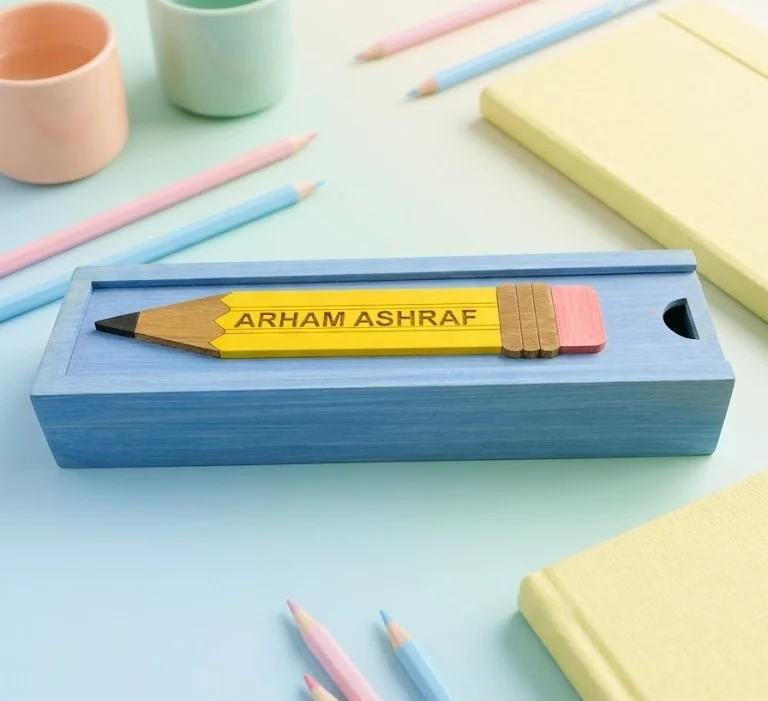 ARHAM ASHRAF - Wooden Pencil Box with Sliding Top - Blue