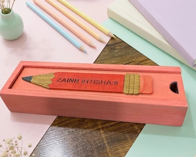 ZAINB IHTISHAM - Wooden Pencil Box with Sliding Top - Pink