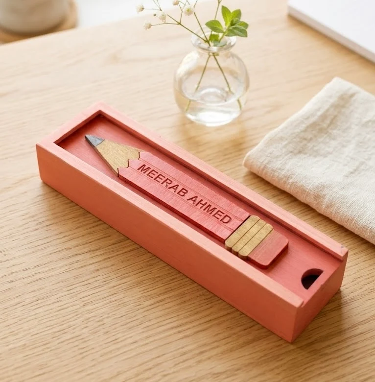 MEERAB AHMED - Wooden Pencil Box with Sliding Top - Pink
