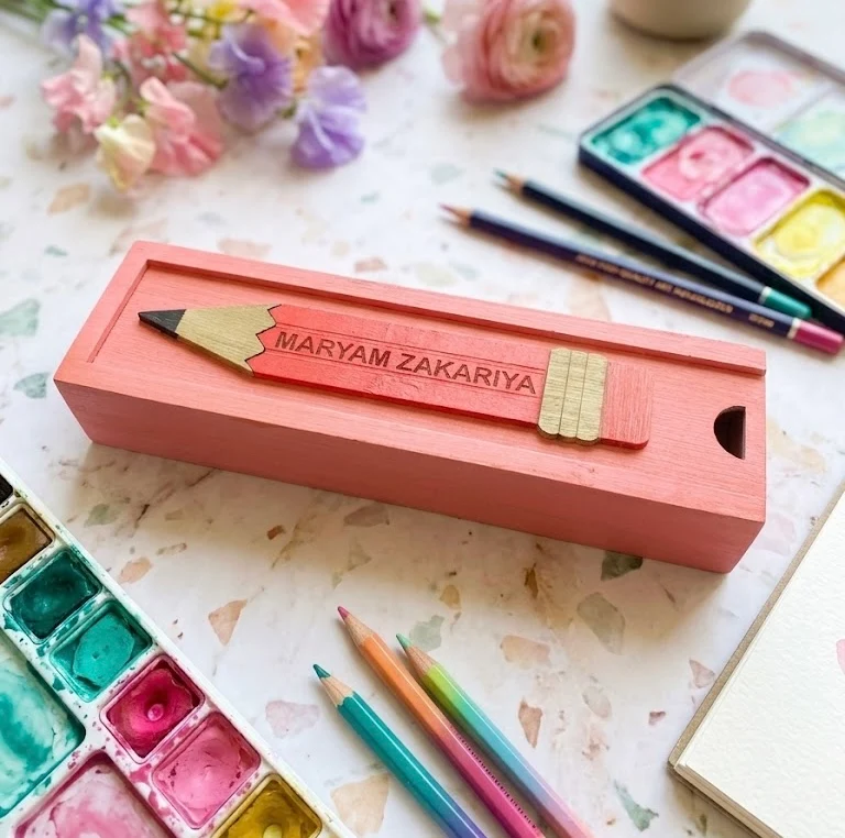 MARYAM ZAKARIYA - Wooden Pencil Box with Sliding Top - Pink