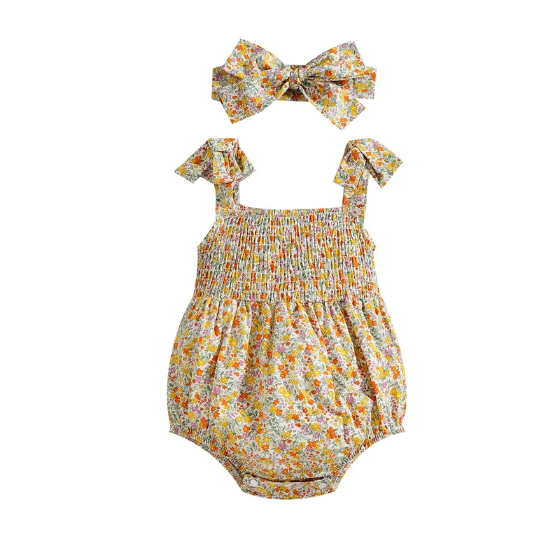 Floral Strap Smocked Baby Girl Romper